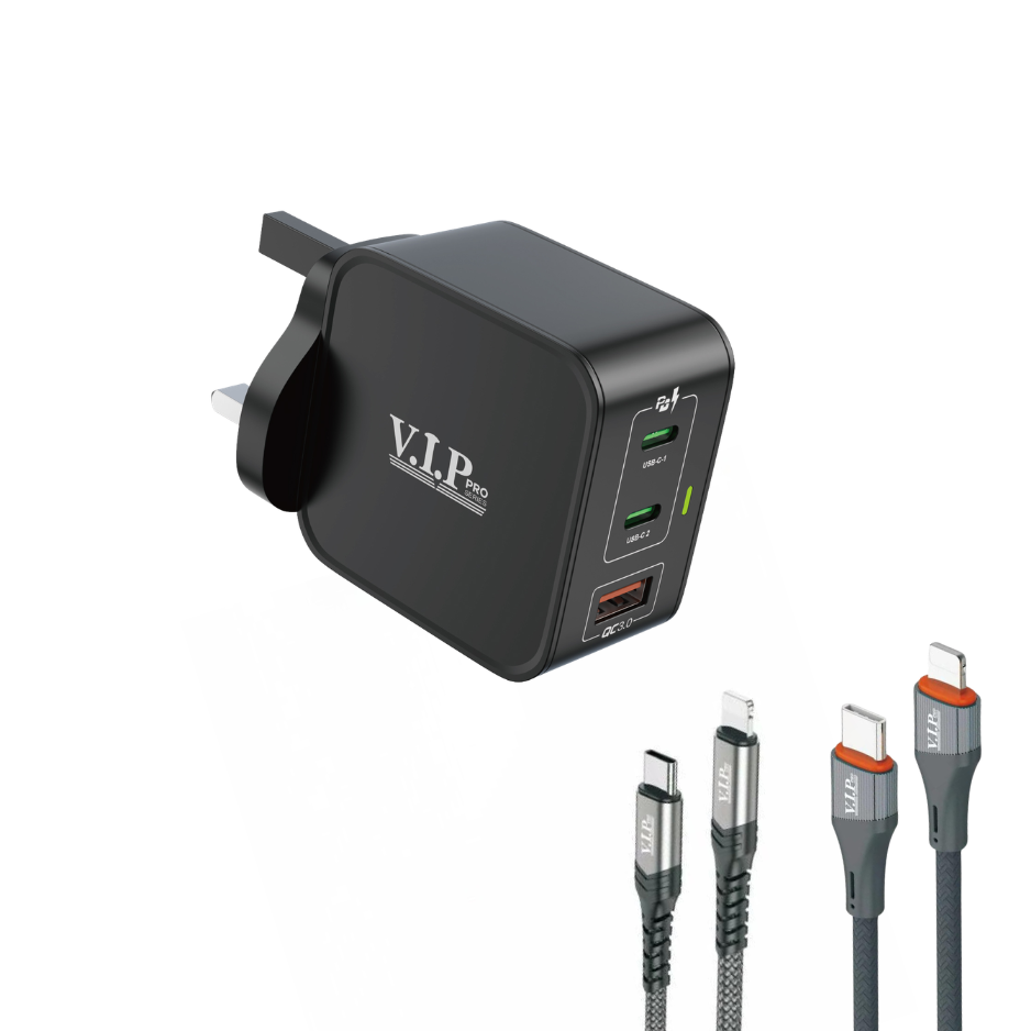x V.I.P Pro Series Gan Charger With 2 PD Fast Charging Cables 65w - Image 1